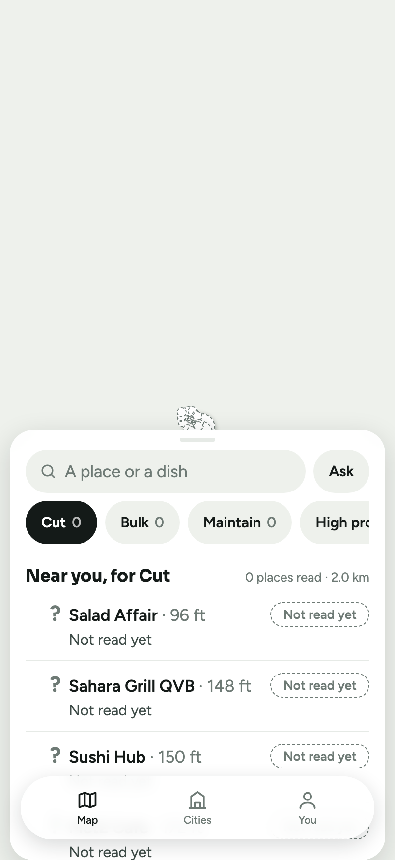 Map view in Sydney where no nearby menu has been read yet: every goal chip reads 0, and each restaurant in the list, including Salad Affair and Sahara Grill QVB, is marked Not read yet instead of a guessed pick.