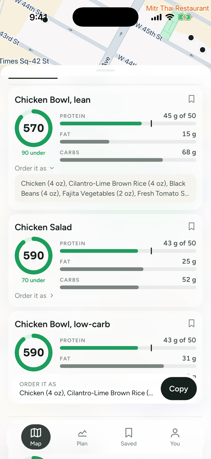 Chipotle card at full detent, Chicken Bowl lean tile at 570 kcal, 90 under, expanded under Order it as to show Chicken (4 oz), Cilantro-Lime Brown Rice (4 oz), Black Beans (4 oz), Fajita Vegetables (2 oz), Fresh Tomato S…, with the pinned ORDER IT AS bar below reading Chicken (4 oz), Cilantro-Lime Brown Rice (… beside a black Copy button.