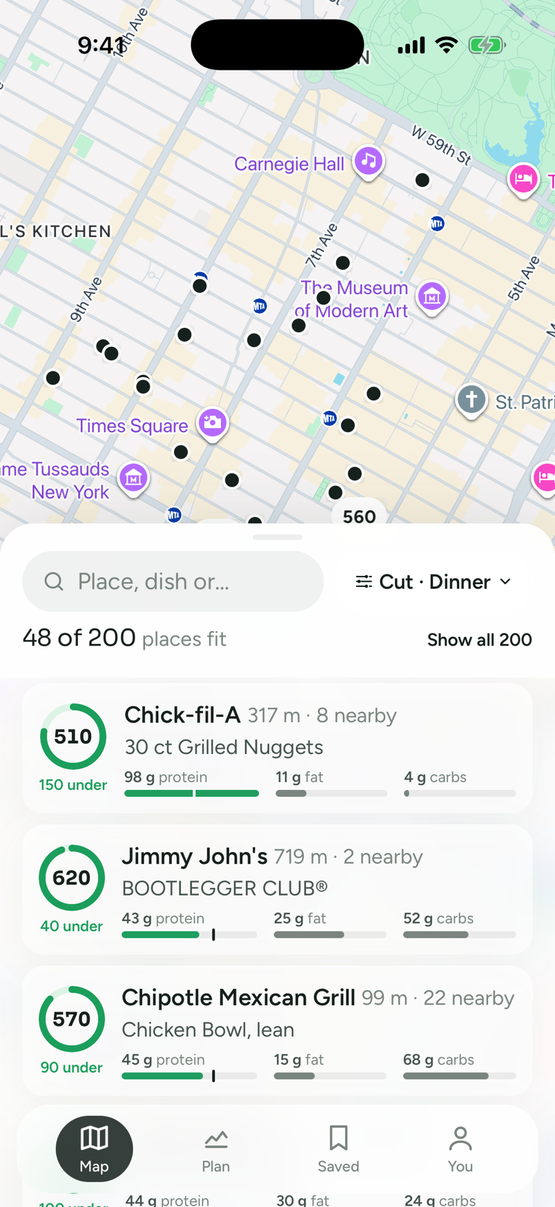 Eatline's map over Midtown Manhattan near Carnegie Hall and Times Square, pill set to Cut · Dinner, a line reading 48 of 200 places fit, and three ranked tiles: Chick-fil-A's 30 ct Grilled Nuggets at 510 kcal, 150 under; Jimmy John's BOOTLEGGER CLUB® at 620 kcal, 40 under; Chipotle's Chicken Bowl, lean at 570 kcal, 90 under.