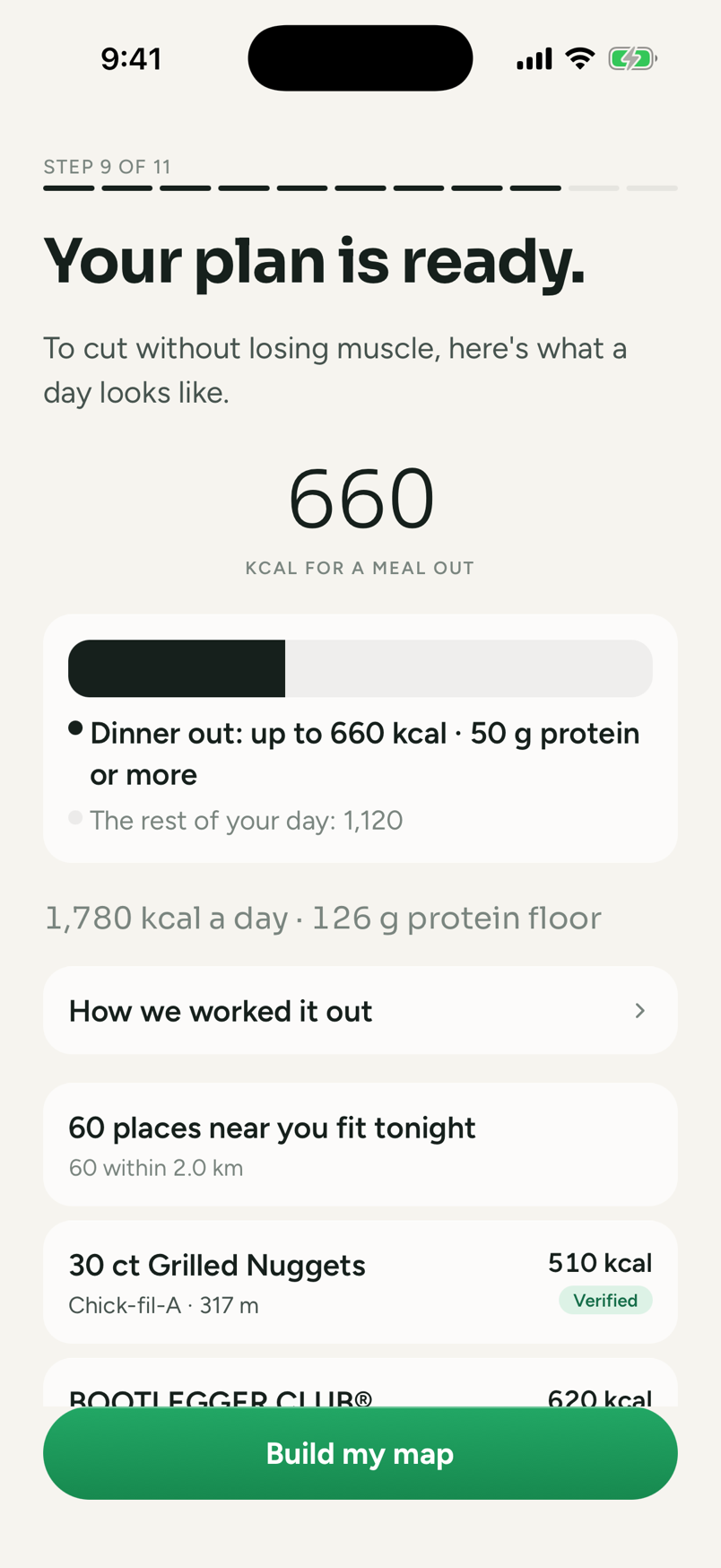 Onboarding, step 9 of 11: Your plan is ready — to cut without losing muscle, here's what a day looks like — 660 kcal for a meal out, split as Dinner out: up to 660 kcal · 50 g protein or more, then 1,780 kcal a day · 126 g protein floor, 60 places near you fit tonight · 60 within 2.0 km, and a green Build my map button.